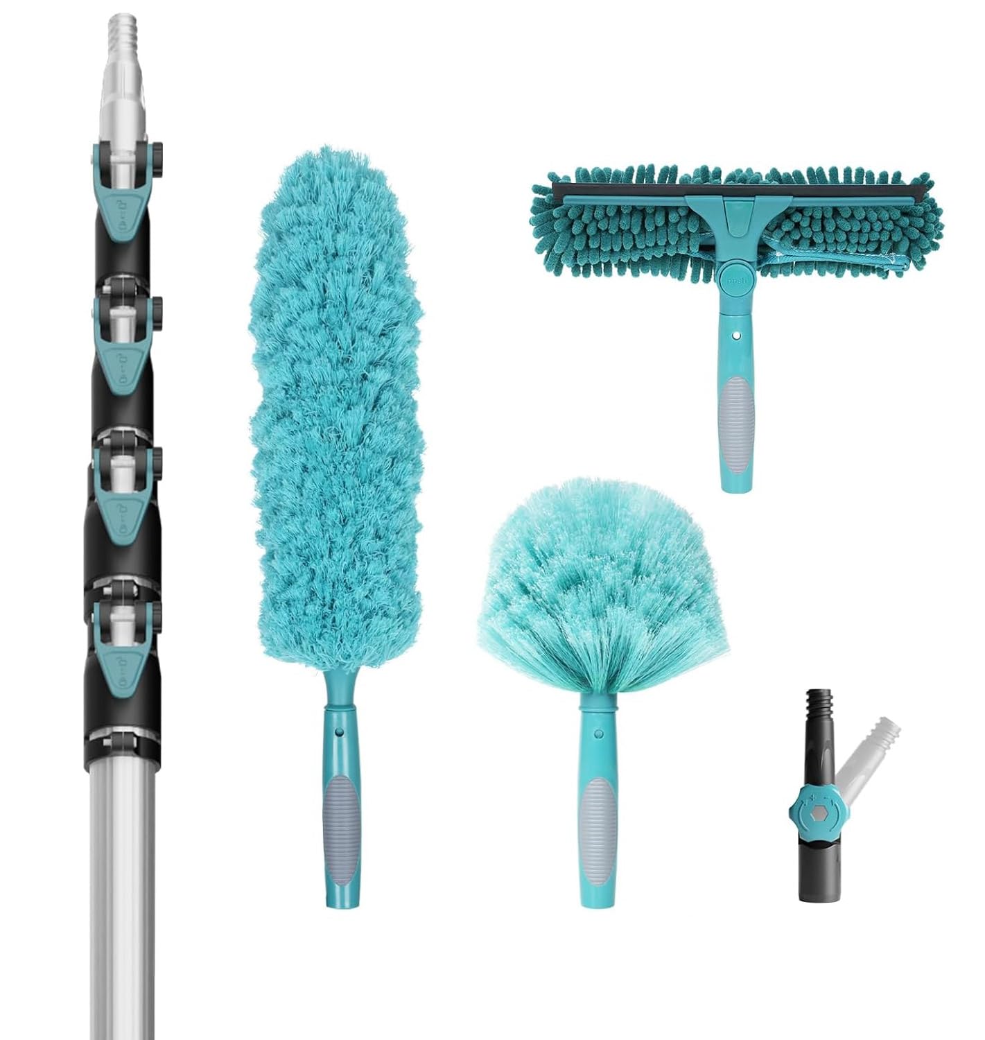 TelesPro High-Reach Duster Kit - 30-Foot Extendable Pole with Cobweb Duster, Window Squeegee & Microfiber Feather Duster for High Ceiling Cleaning