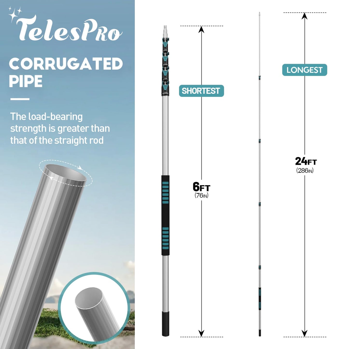 TelesPro High-Reach Duster Kit - 30-Foot Extendable Pole with Cobweb Duster, Window Squeegee & Microfiber Feather Duster for High Ceiling Cleaning