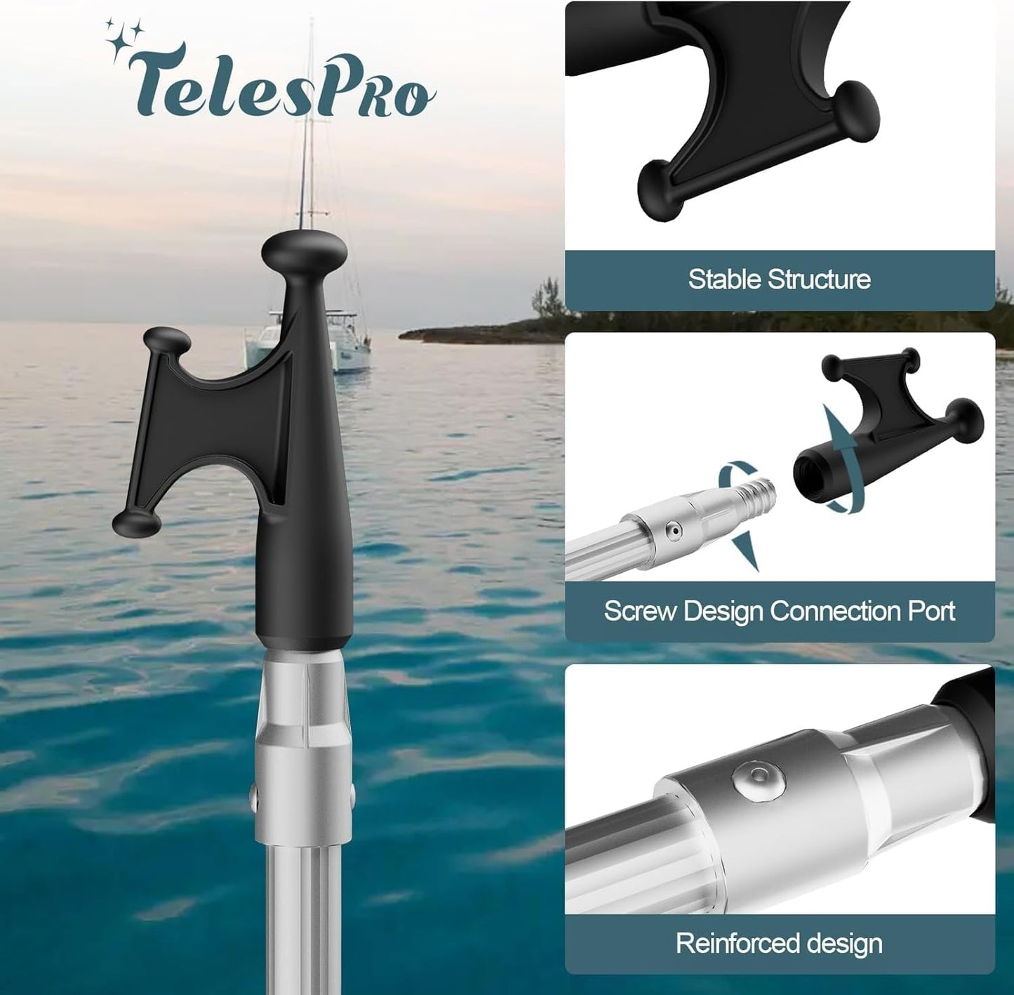 TelesPro 5-12FT Telescopic Aluminum Boat Hook - Versatile Docking Pole for Easy Boat Handling, Sturdy Design for All Water Conditions