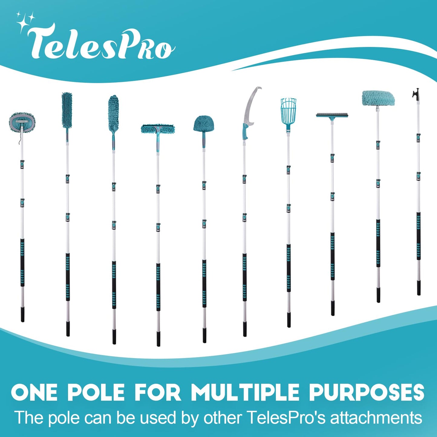 TelesPro 20 Feet High Reach Window Squeegee with 5-12Ft Telescoping Extension Pole, 3-Stage Window Cleaner Kit, Rotatable Head, Includes 2 Squeegees & 2 Microfiber Cloths