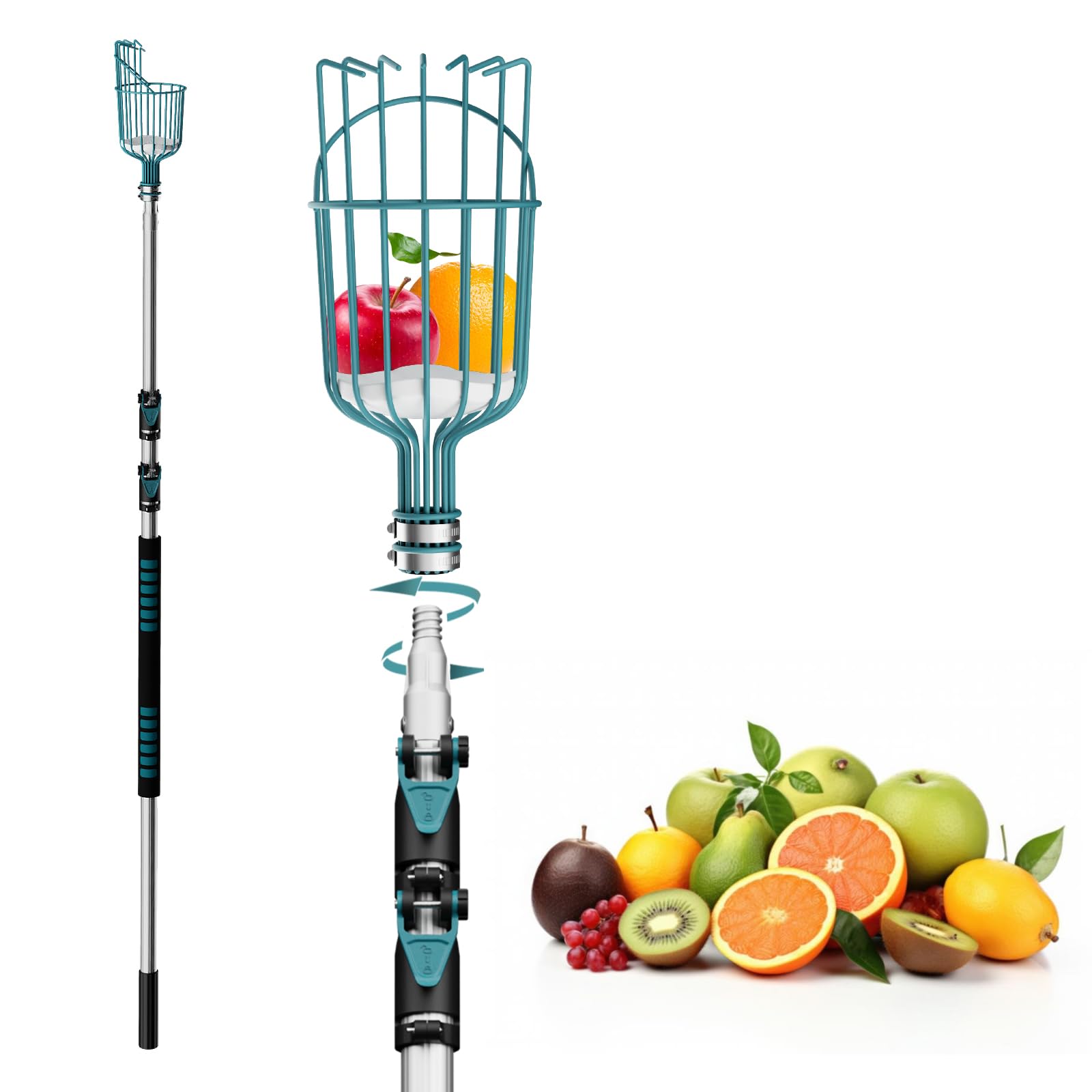 Telespro 12FT Telescoping Fruit Picker – 20+ Foot Reach Lightweight Aluminum Extension Pole with Easy Twist-On Apple Basket – Durable Fruit Picking Tool