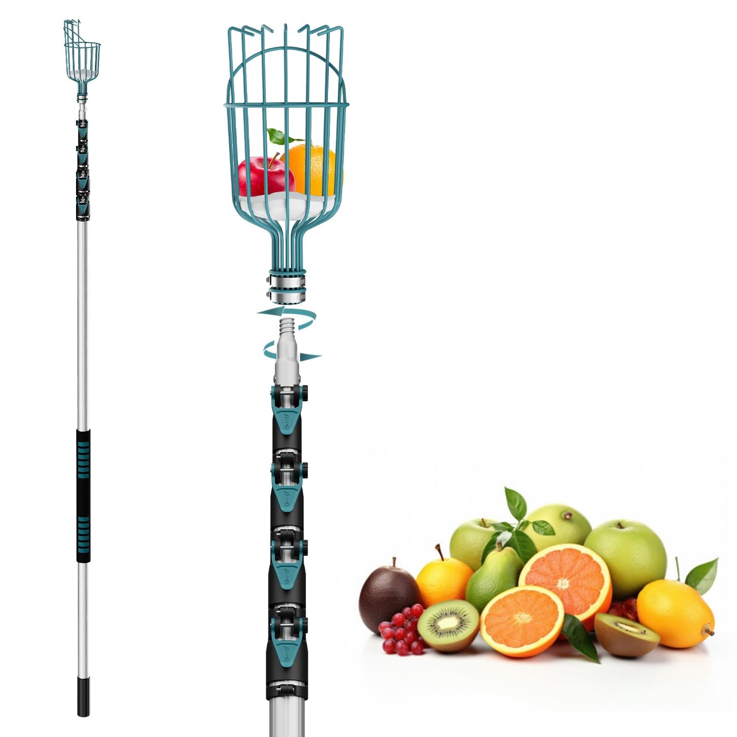 Telespro 24FT Telescoping Fruit Picker - 30+ Foot Reach Lightweight Aluminum Extension Pole with Twist-On Apple Basket - Durable Fruit Picking Tool