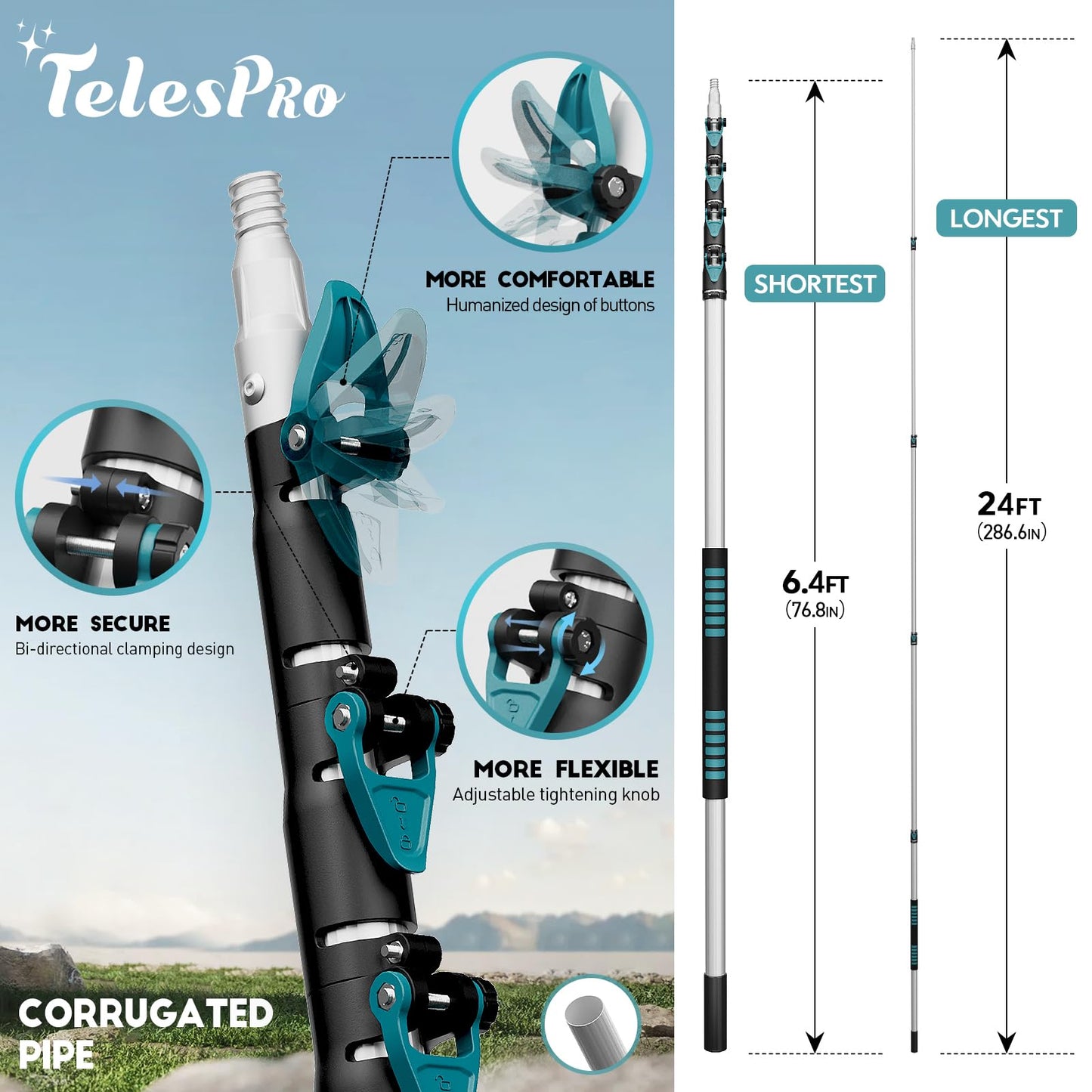 TelesPro Extendable Tree Trimmer - Manual Pole Saw with 6-24ft Telescoping Pruning Pole, Saw Attachment, Safety Goggles & Gloves, Ideal for Branches up to 2" Diameter