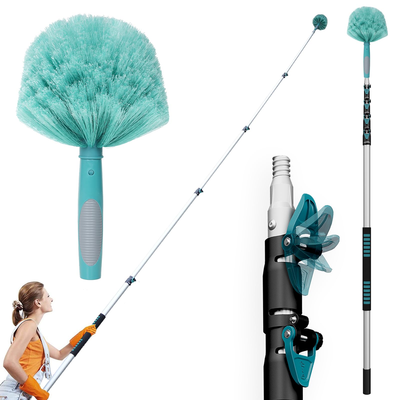 TelesPro 30 Feet High Reach Cobweb Duster with 6-24Ft Telescopic Aluminum Pole - Spider Web Brush for Indoor & Outdoor Cleaning with Soft Bristles