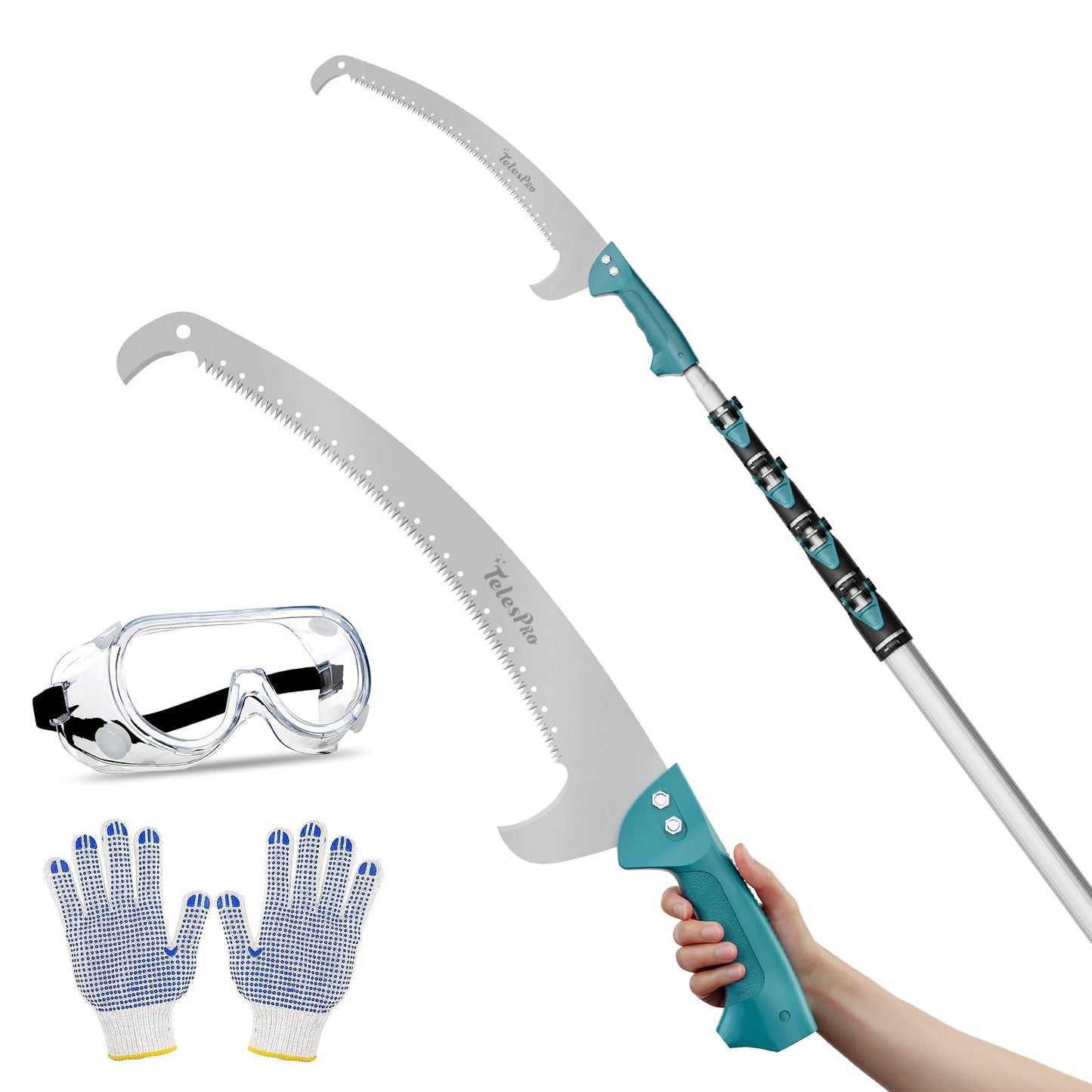 TelesPro Extendable Tree Trimmer - Manual Pole Saw with 6-24ft Telescoping Pruning Pole, Saw Attachment, Safety Goggles & Gloves, Ideal for Branches up to 2" Diameter