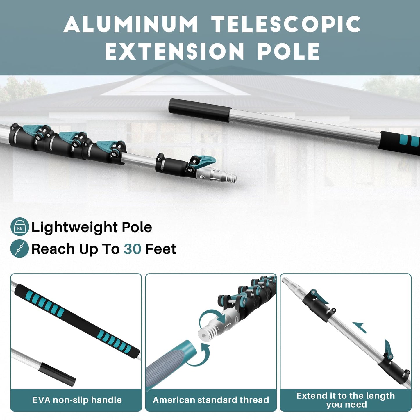 TelesPro 36 Foot High Reach Duster Kit - 7-30FT Extension Pole for High Ceiling Dusting, Window Cleaning, Cobwebs, Fans, and Feather Duster