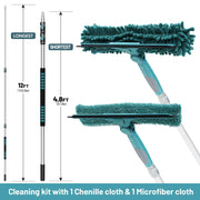 TelesPro 20 Feet High Reach Window Squeegee with 5-12Ft Telescoping Extension Pole, 3-Stage Window Cleaner Kit, Rotatable Head, Includes 2 Squeegees & 2 Microfiber Cloths