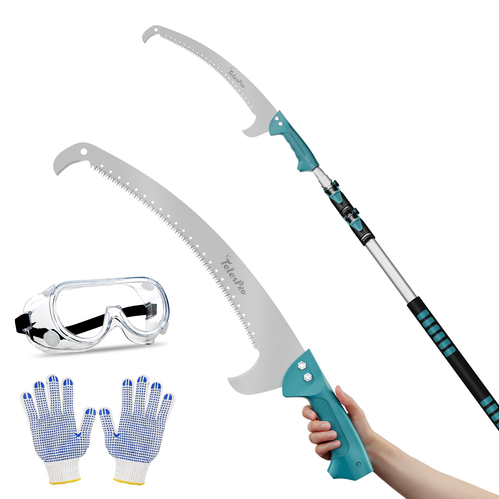 TelesPro Extendable Tree Trimmer - Manual Pole Saw with 5-12ft Telescoping Pruning Pole, Saw Attachment, Safety Goggles, and Gloves for Branches up to 2" Diameter