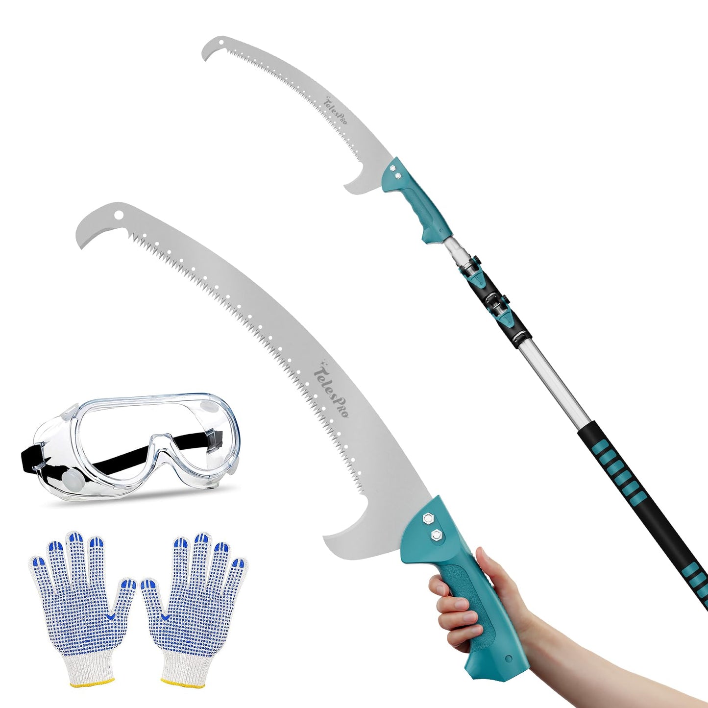 TelesPro Extendable Tree Trimmer - Manual Pole Saw with 5-12ft Telescoping Pruning Pole, Saw Attachment, Safety Goggles, and Gloves for Branches up to 2" Diameter