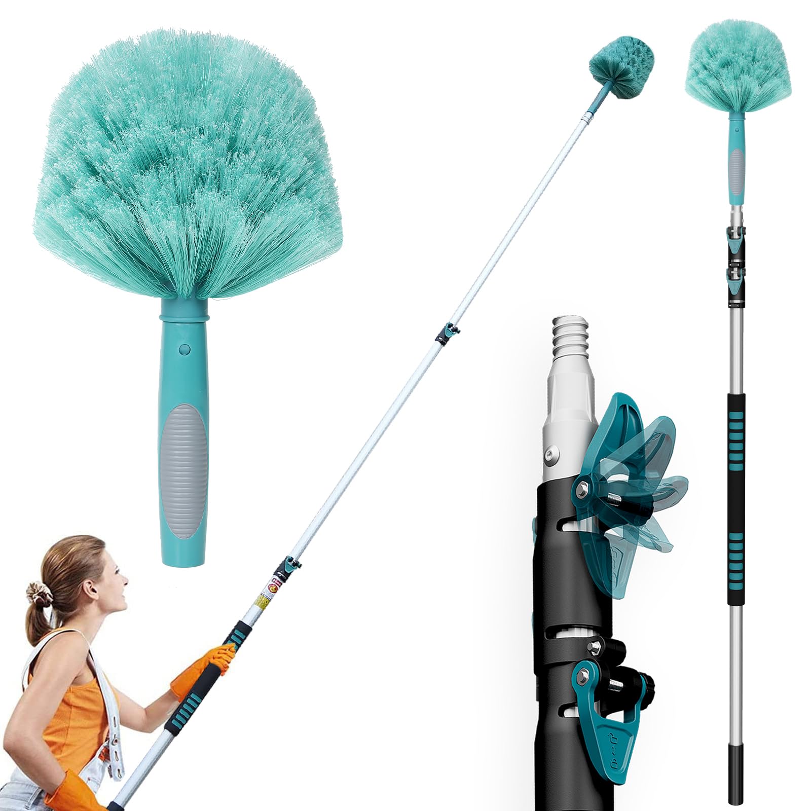 TelesPro 20 Feet High Reach Cobweb Duster with 5-12Ft Extension Pole - 3-Stage Telescopic Aluminum Spider Web Brush for Indoor & Outdoor Cleaning with Soft Bristles