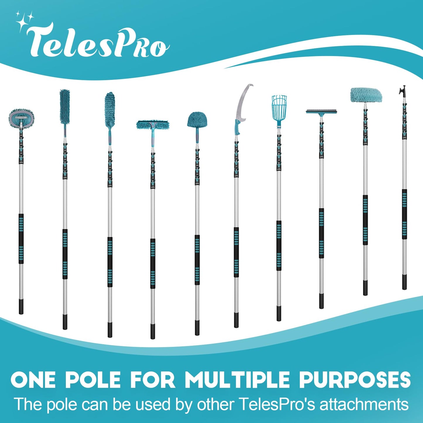 TelesPro High Reach Window Squeegee with 7-30 Ft Extension Pole & Rotatable Head - 5-Stage Telescoping Design with 2 Squeegees & 2 Microfiber Cloths