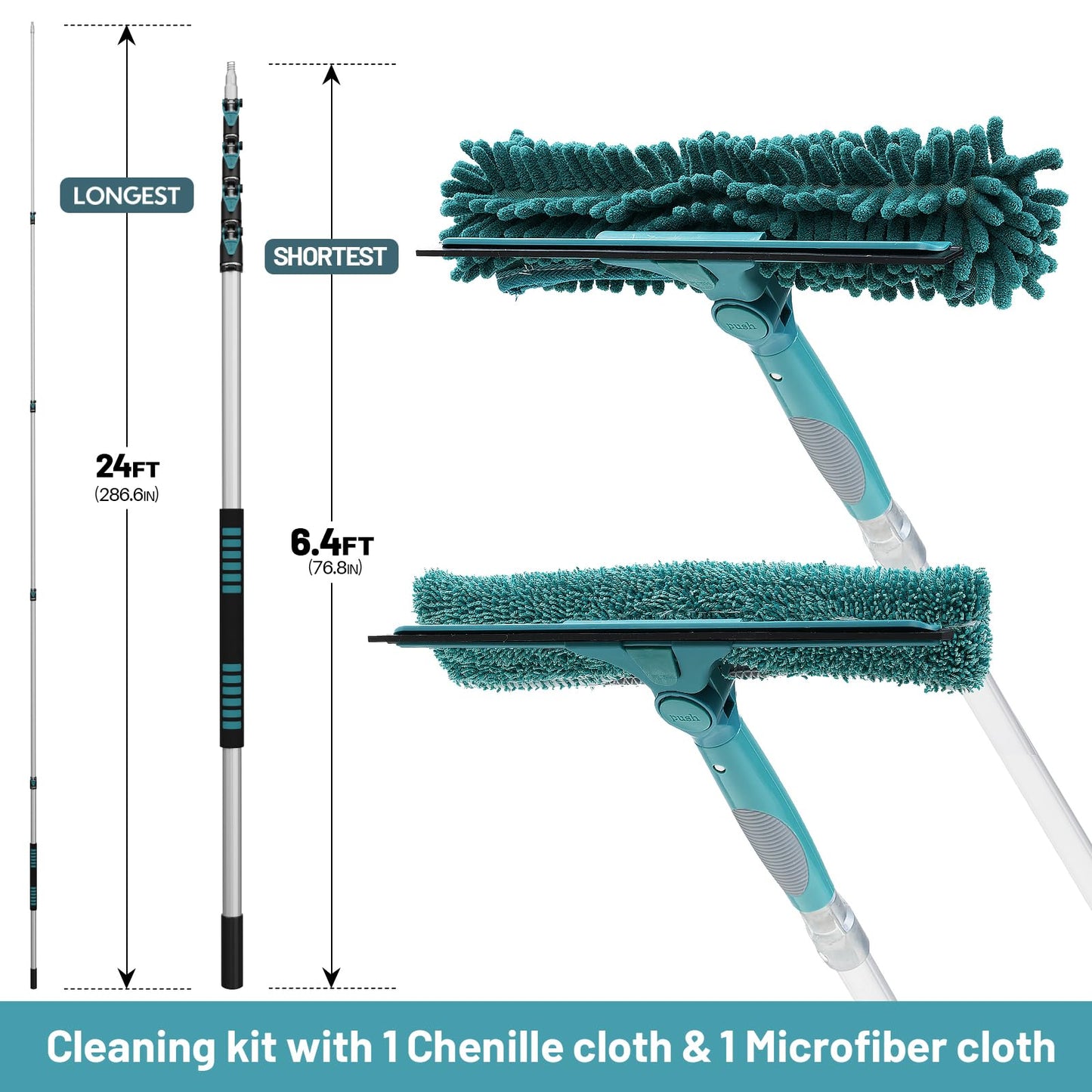 TelesPro High Reach Window Squeegee with 7-30 Ft Extension Pole & Rotatable Head - 5-Stage Telescoping Design with 2 Squeegees & 2 Microfiber Cloths