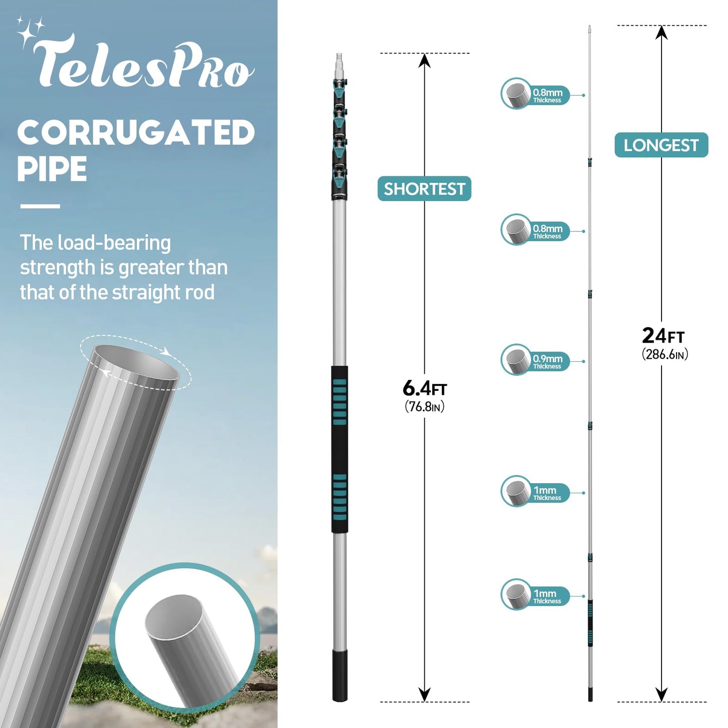Telespro 24FT Telescoping Fruit Picker - 30+ Foot Reach Lightweight Aluminum Extension Pole with Twist-On Apple Basket - Durable Fruit Picking Tool
