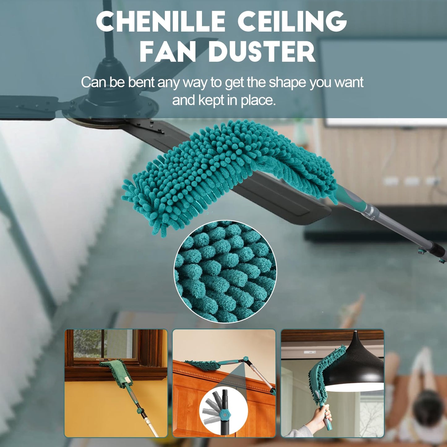 TelesPro 20 Foot High-Reach Duster Kit - Extendable Pole, Cobweb Duster, Ceiling Fan Duster, Microfiber Feather Duster for High Ceilings