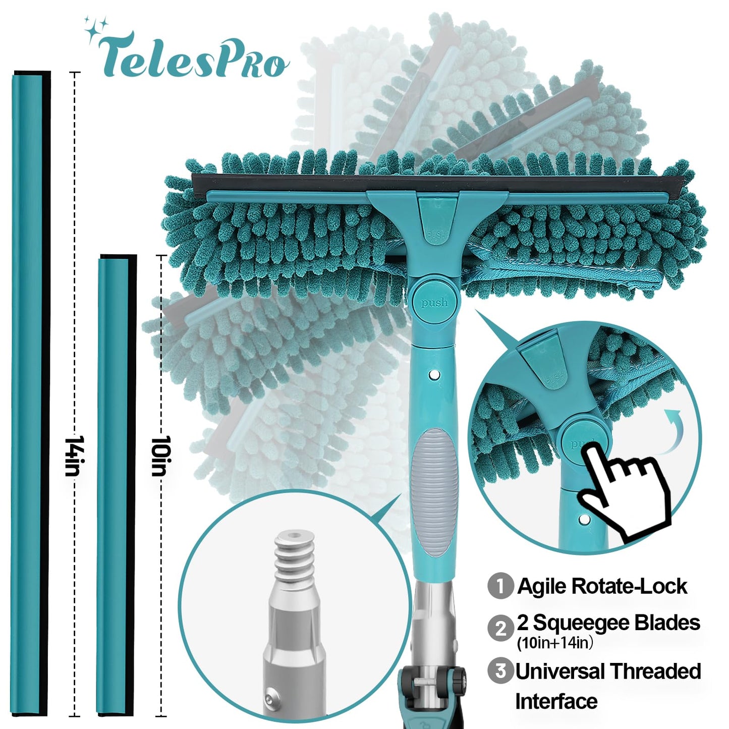 TelesPro High Reach Window Squeegee with 7-30 Ft Extension Pole & Rotatable Head - 5-Stage Telescoping Design with 2 Squeegees & 2 Microfiber Cloths