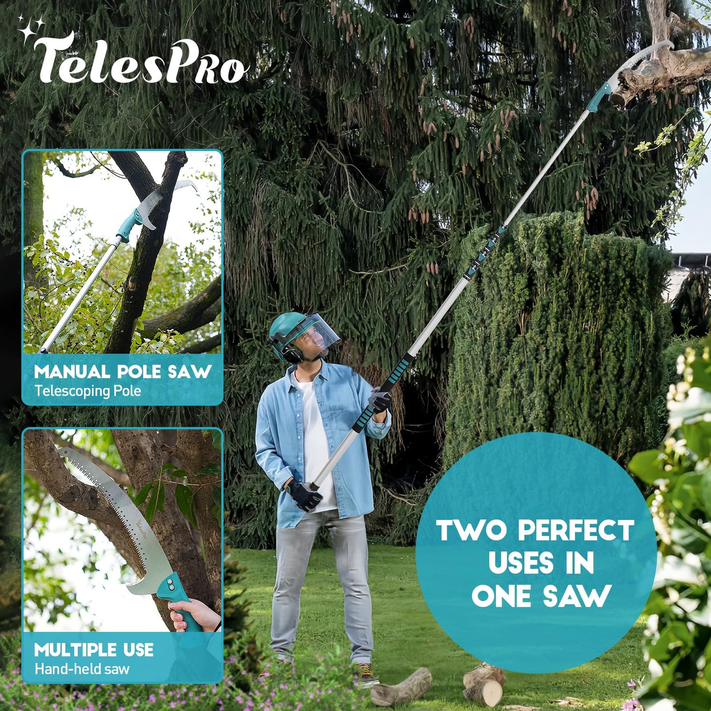 TelesPro Extendable Tree Trimmer - Manual Pole Saw with 6-24ft Telescoping Pruning Pole, Saw Attachment, Safety Goggles & Gloves, Ideal for Branches up to 2" Diameter