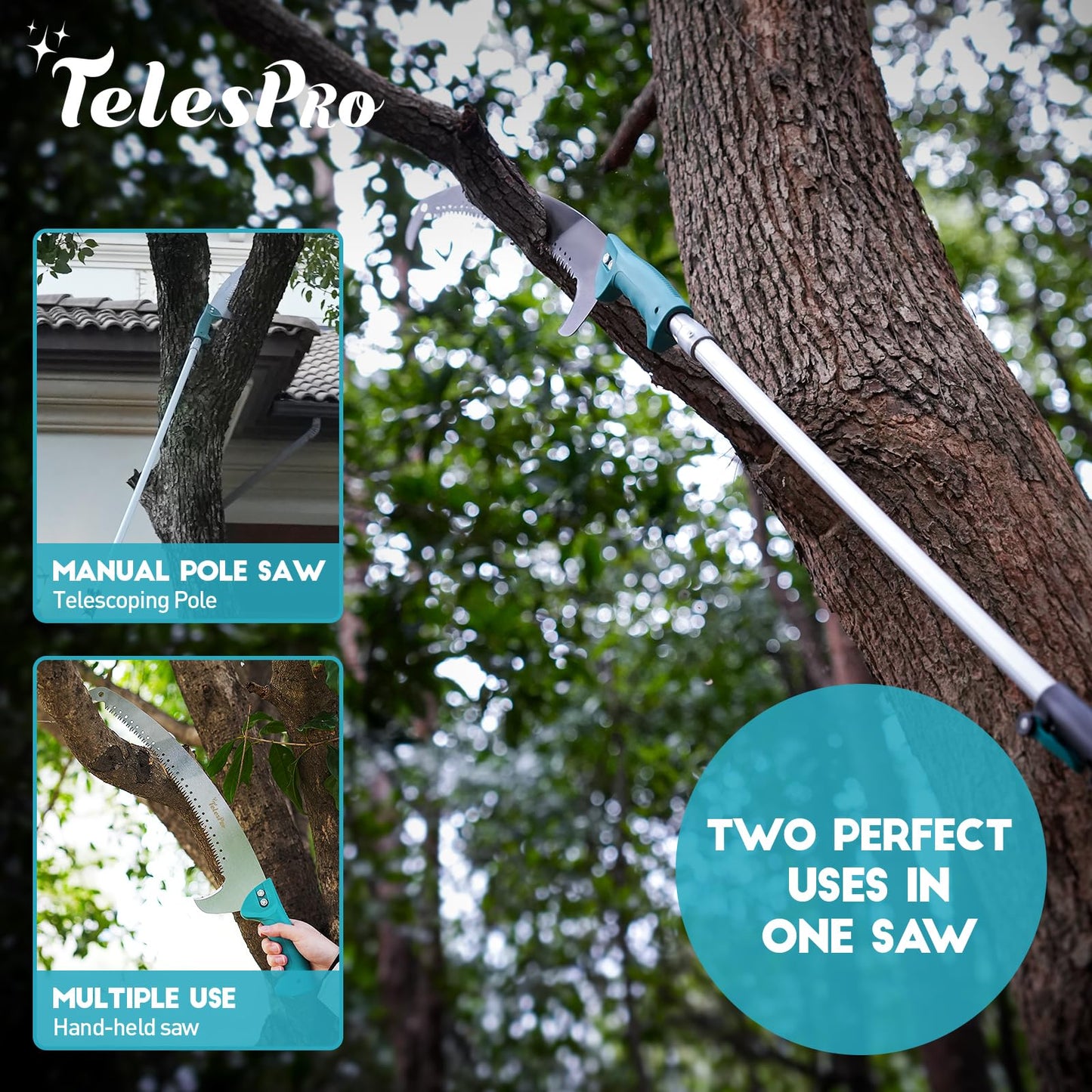 TelesPro Extendable Tree Trimmer - Manual Pole Saw with 5-12ft Telescoping Pruning Pole, Saw Attachment, Safety Goggles, and Gloves for Branches up to 2" Diameter
