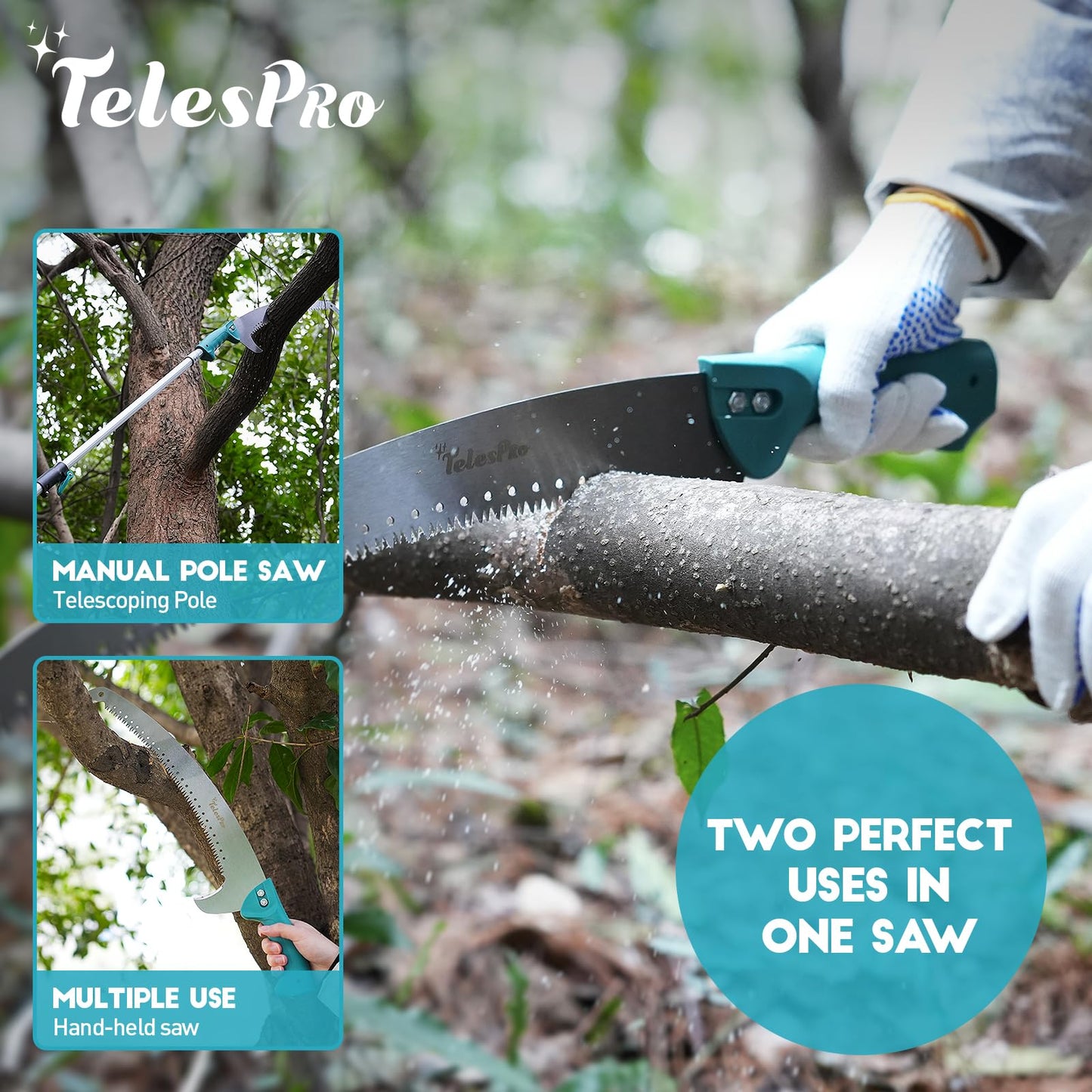 TelesPro Extendable Tree Trimmer - Manual Pole Saw with 5-12ft Telescoping Pruning Pole, Saw Attachment, Safety Goggles, and Gloves for Branches up to 2" Diameter