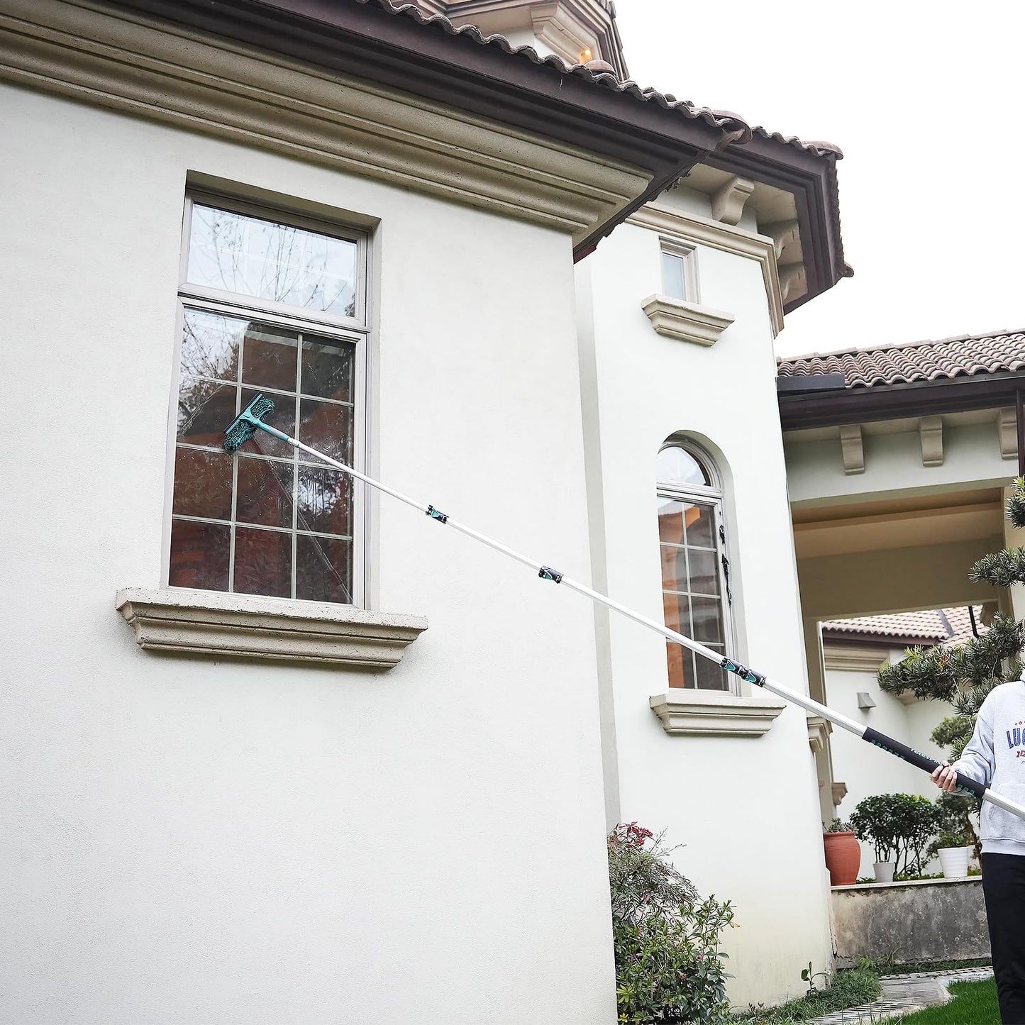 TelesPro High Reach Window Squeegee 30 Feet with 6-24 Ft Extension Pole, 5-Stage Telescoping Cleaning Tool, Includes 2 Squeegees & 2 Microfibre Cloths